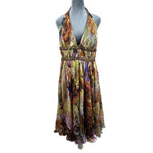 Vintage Cassandra Stone Size12 Inspired Halter Dress Midi Multicolor Silk Blend